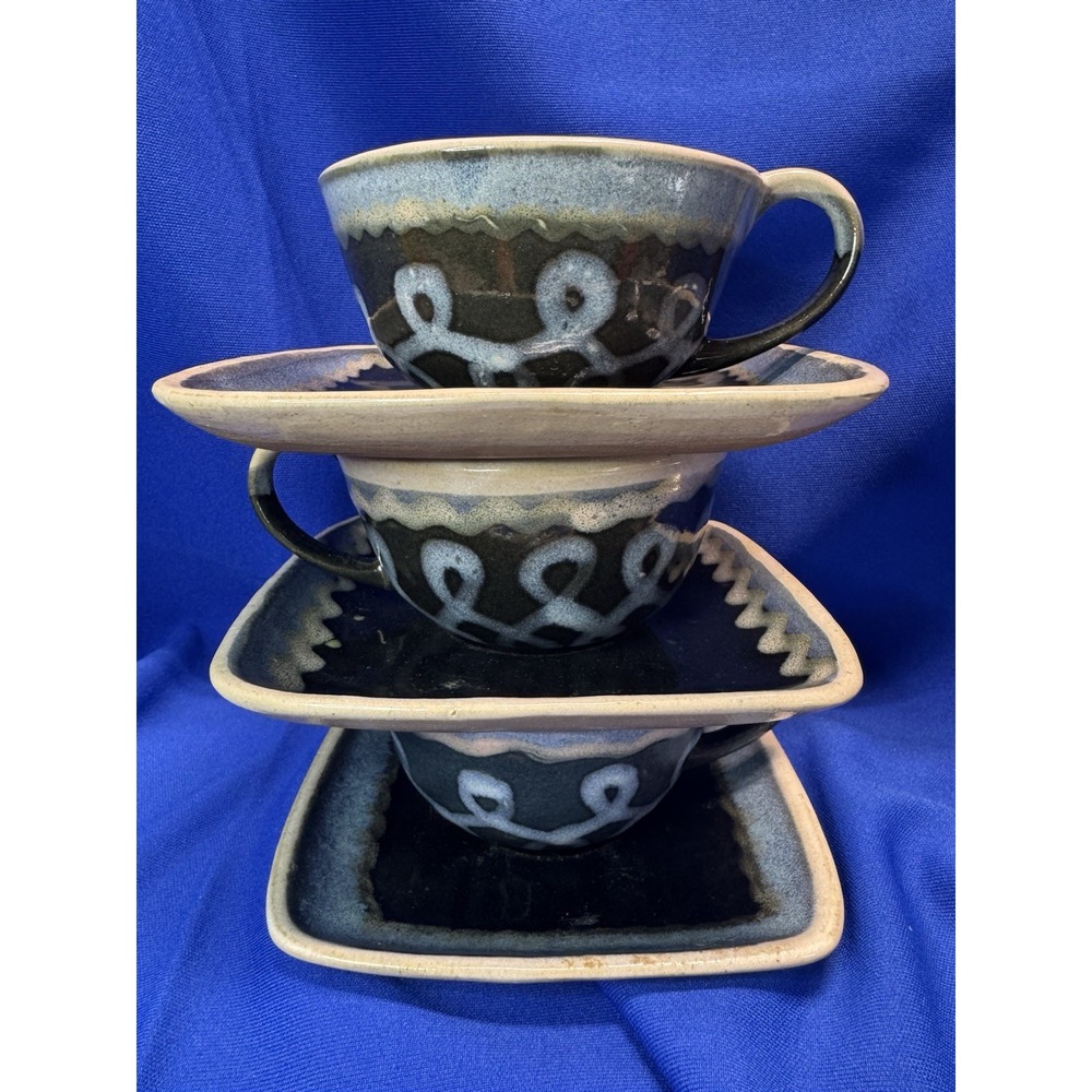 GLIDDEN Pottery Set of 3 Cups & Saucers VTG Sgraffito Loop Ric Rac High Tide